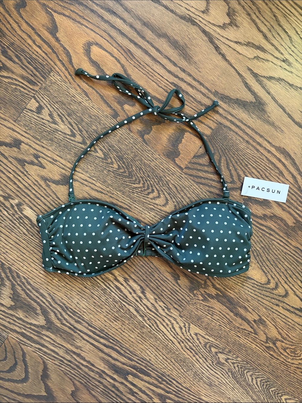 PacSun Olive Green Polka Dot Bandeau with Halter Strap Bikini Top
